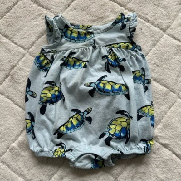 Tea Collection | Blue Sea Turtle Printed Henley Romper | Size 3-6 Months - Picture 2 of 9